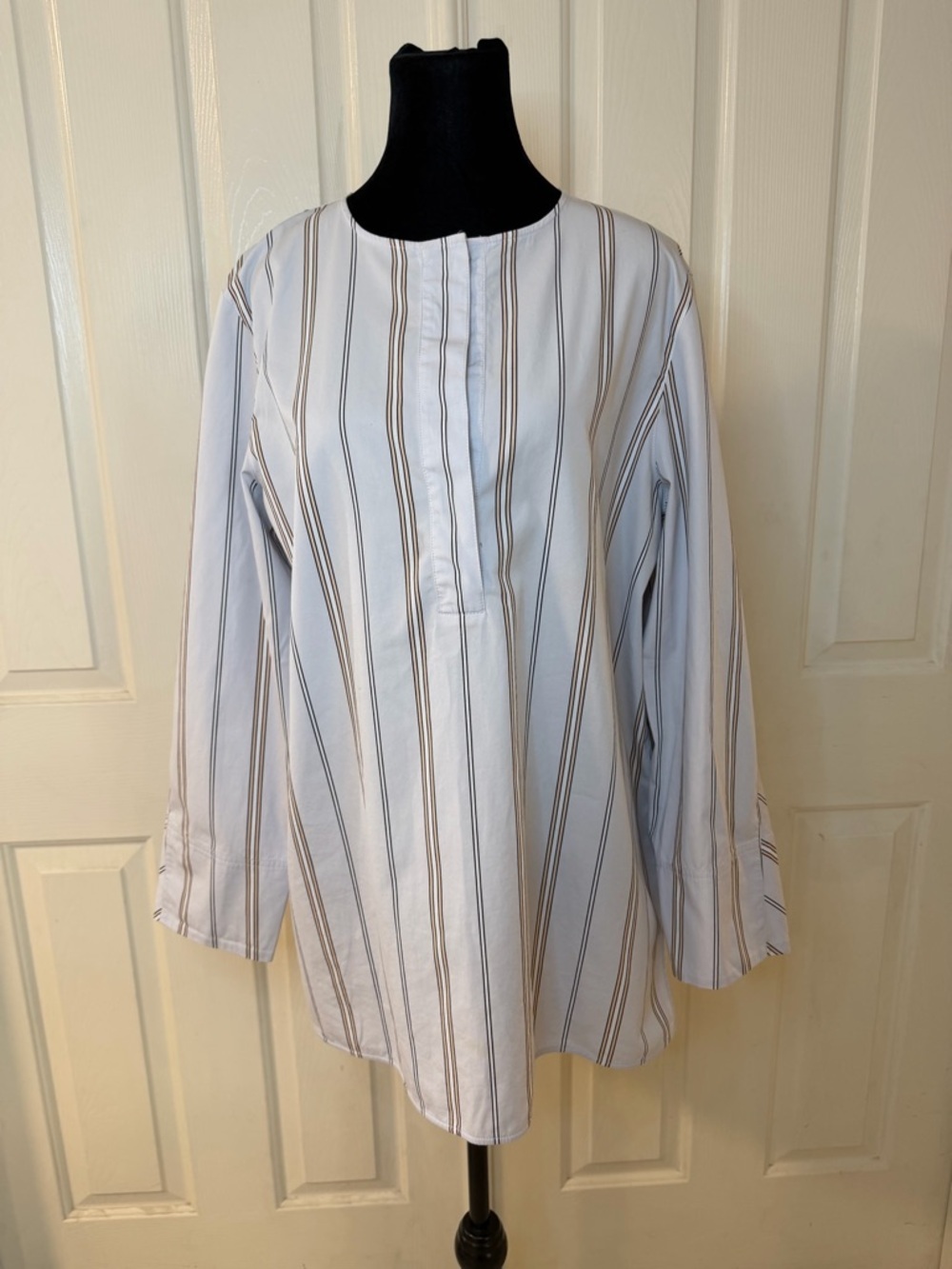 Lafayette 148 NY Tilly Aerial Blue Multi  Stripe Tunic Top Sz L Lagenlook $495